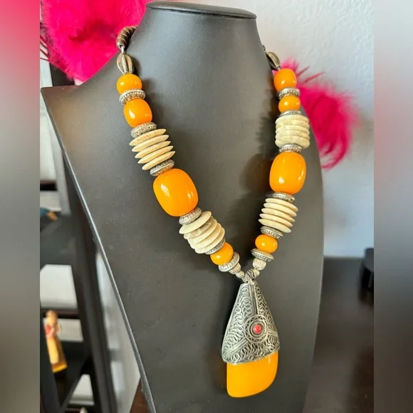 Artisan Nepal Orange Bohemian Beaded Metal Necklace